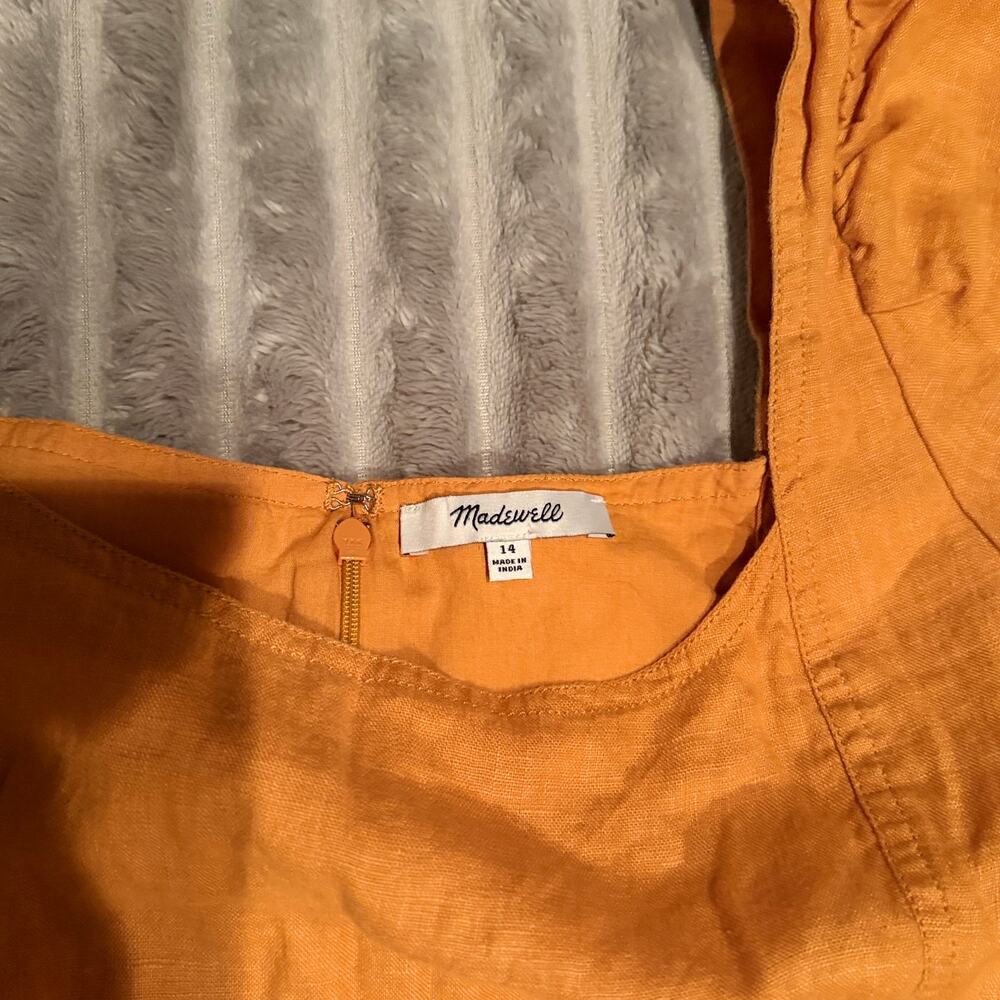 Madewell Maisie Square Neck Linen Mini Dress Orange Marigold Size 14 - Picture 4 of 7